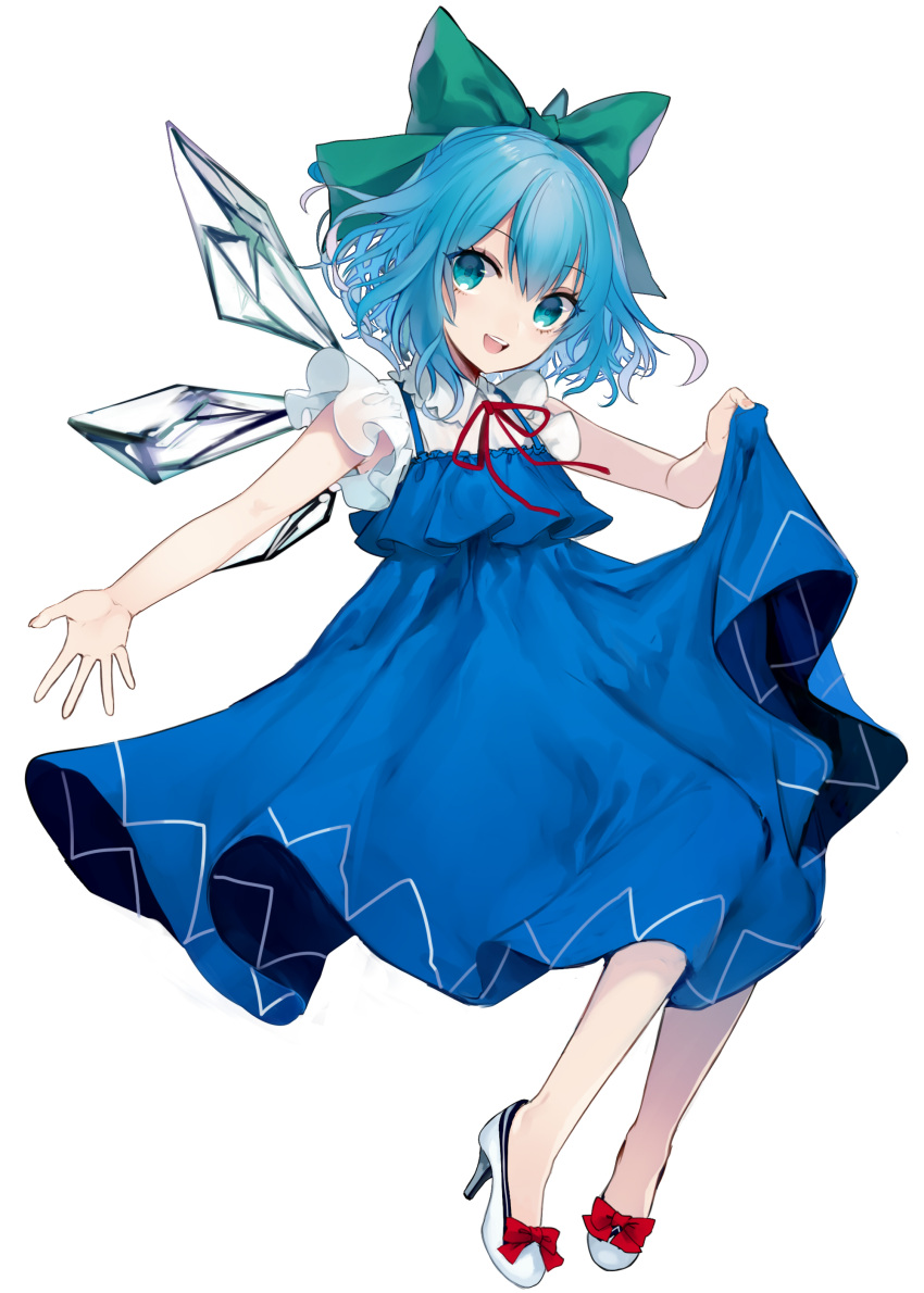 1girl :d absurdres adapted_costume blue_dress blue_hair bow cirno commentary daimaou_ruaeru dress full_body green_bow hair_bow head_tilt high_heels highres ice ice_wings lifted_by_self looking_at_viewer neck_ribbon open_mouth red_bow red_neckwear red_ribbon ribbon short_hair simple_background skirt_hold smile solo touhou white_background white_footwear wing_collar wings
