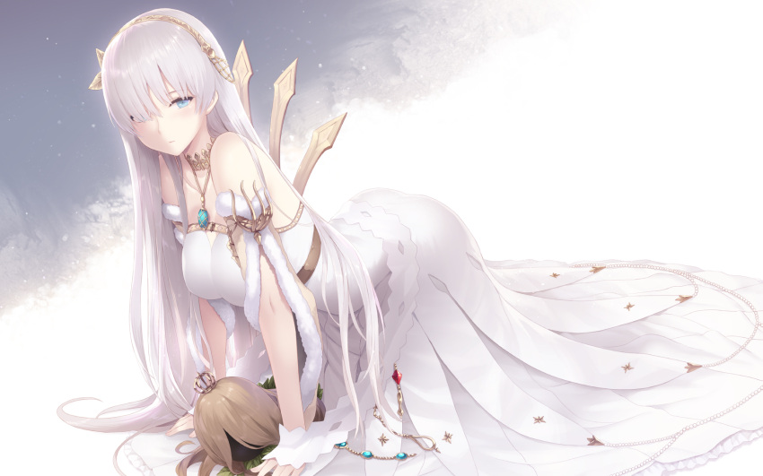 1girl all_fours anastasia_(fate/grand_order) bare_shoulders blue_eyes blush breasts cait choker closed_mouth commentary crown doll dress fate/grand_order fate_(series) hair_over_one_eye highres jewelry large_breasts long_hair looking_at_viewer mini_crown silver_hair solo white_dress
