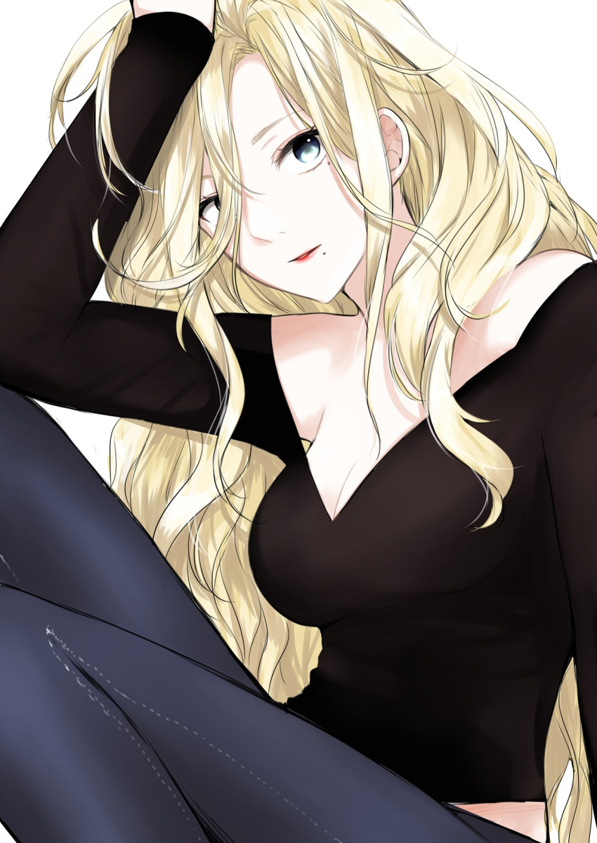 1girl alternate_costume black_pants black_shirt blonde_hair blue_eyes blue_pants breasts cleavage collarbone hair_between_eyes hand_in_hair high-waist_pants highres kantai_collection knees_up large_breasts long_hair long_sleeves looking_at_viewer mole mole_under_eye mole_under_mouth morinaga_miki no_bra pants parted_lips red_lips richelieu_(kantai_collection) shirt sidelocks simple_background sitting smile solo very_long_hair wavy_hair white_background