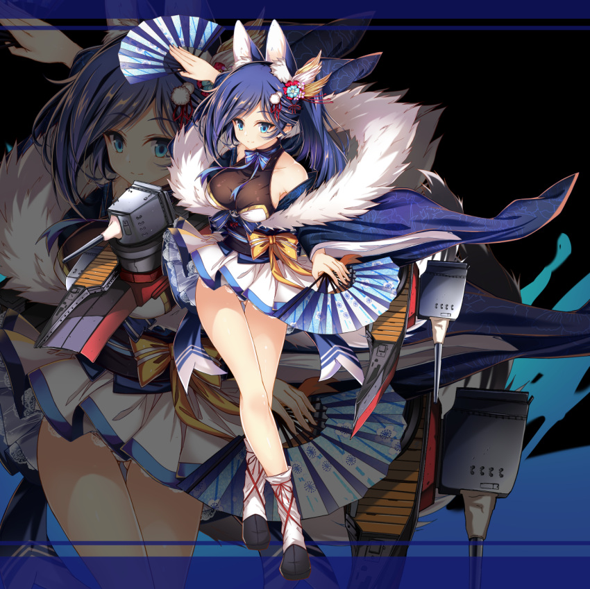 1girl animal_ears azur_lane blue_eyes blue_hair breasts detached_sleeves fan folding_fan full_body hair_ornament highres holding holding_fan jianren jintsuu_(azur_lane) large_breasts long_hair long_sleeves looking_at_viewer obi official_art ribbon sash skirt smile solo standing tail turret white_skirt wide_sleeves zoom_layer