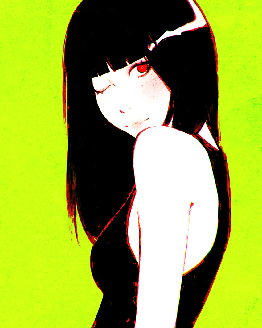 1girl bare_arms black_hair breasts closed_mouth highres ilya_kuvshinov long_hair looking_at_viewer one_eye_closed original profile red_eyes small_breasts smile solo tank_top upper_body yellow_background