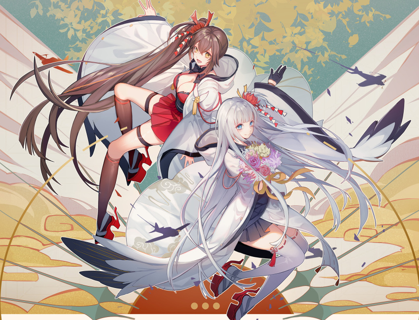 2girls :d azur_lane bangs black_gloves black_skirt blue_eyes blunt_bangs bouquet breasts brown_eyes brown_legwear cape cleavage dress floating_hair flower full_body gloves hair_between_eyes hair_flower hair_ornament hair_ribbon highres holding holding_bouquet kneehighs large_breasts long_hair looking_at_viewer miniskirt multiple_girls open_mouth outstretched_arm pleated_dress pleated_skirt purple_flower purple_rose red_dress red_flower red_ribbon red_rose ribbon ribbon-trimmed_legwear ribbon_trim rose short_dress shoukaku_(azur_lane) side_ponytail silver_hair skirt smile thigh-highs thigh_strap turkey_(weave7769) very_long_hair white_cape white_legwear yellow_flower yellow_ribbon zuikaku_(azur_lane)