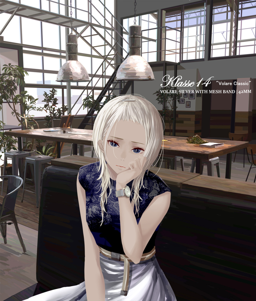 1girl belt blonde_hair blue_eyes breasts chair chef_no_kimagure_salad hair_ornament hairclip highres indoors looking_at_viewer original plant sitting skirt solo stairs table watch watch