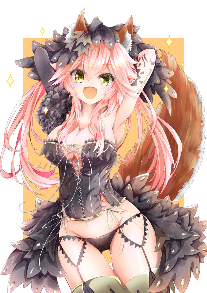 1girl alternate_costume animal_ears arm_tattoo blush breasts cleavage corset fate/extra fate/grand_order fate_(series) fox_ears fox_tail fuyu_yasai gothic_wa_mahou_otome highres large_breasts looking_at_viewer open_mouth pink_hair solo tagme tail tamamo_(fate)_(all) tamamo_no_mae_(fate) tattoo yellow_eyes