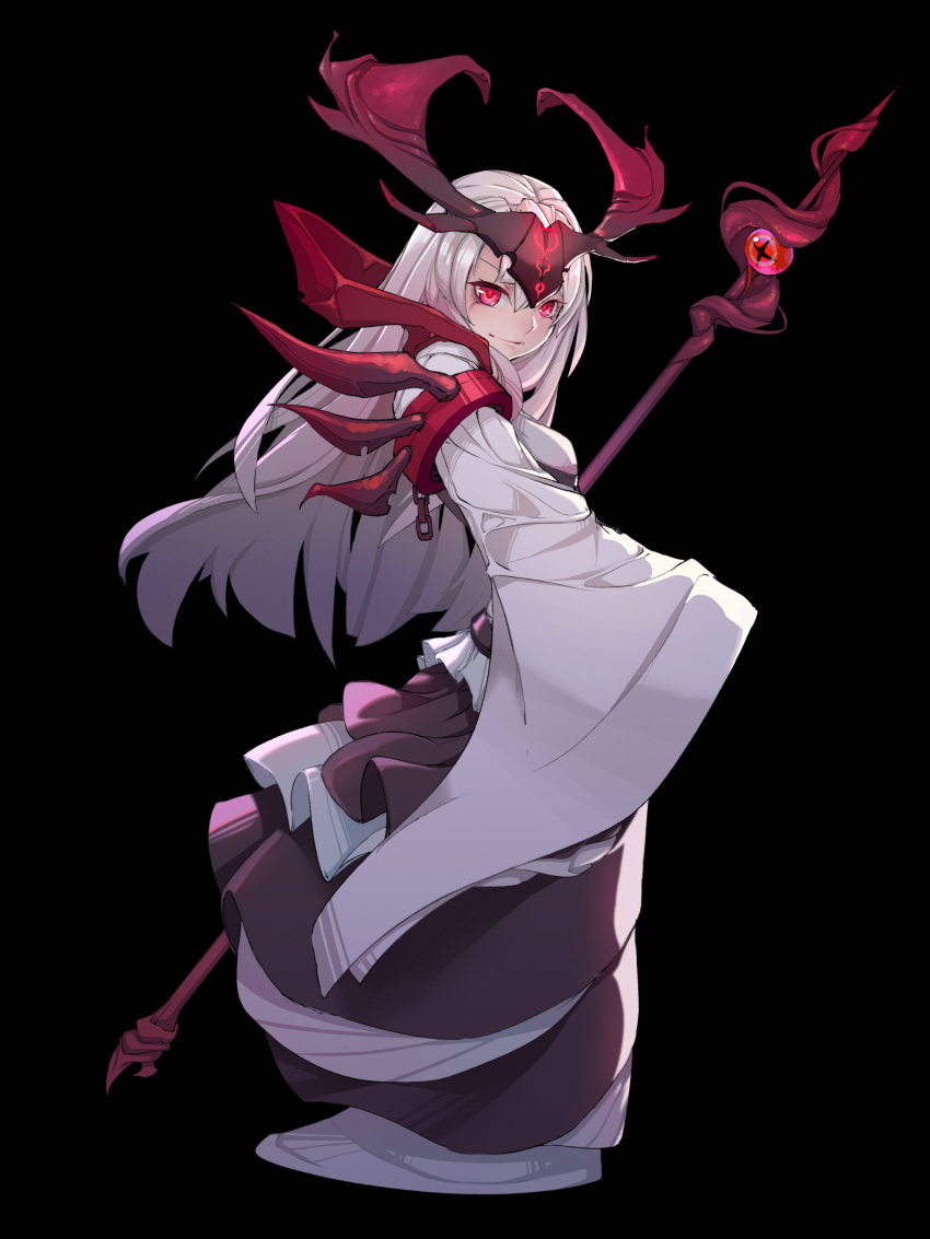 1girl absurdres black_background character_request copyright_request di_yi_xing_zian dress full_body grey_hair headgear highres holding holding_staff horns looking_at_viewer pink_eyes simple_background smile solo staff