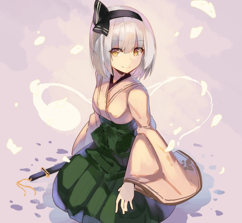 1girl alternate_costume alternate_eye_color black_hairband black_ribbon bob_cut breasts commentary_request eyebrows_visible_through_hair green_skirt hair_between_eyes hair_ribbon hairband hakama_skirt highres hitodama japanese_clothes katana kimono kneeling konpaku_youmu konpaku_youmu_(ghost) light_particles long_sleeves looking_at_viewer medium_breasts purple_background ribbon rin_falcon sheath sheathed short_hair silver_hair skirt smile solo sword touhou weapon white_kimono wide_sleeves yellow_eyes