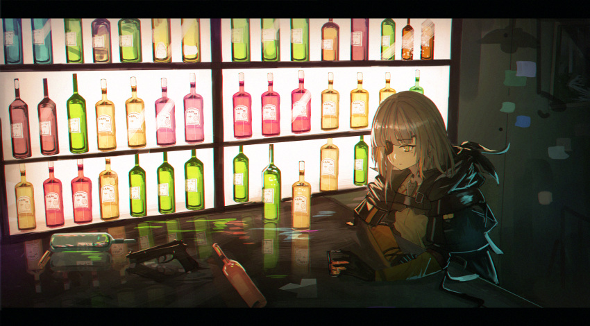 1girl aer7o bangs black_gloves black_jacket bottle brown_eyes brown_hair bullet cup drinking_glass eyebrows_visible_through_hair eyepatch girls_frontline gloves glowing gun handgun highres holding holding_drinking_glass indoors jacket long_hair looking_away m16a1_(girls_frontline) reflection short_sleeves sitting solo table weapon weapon_request