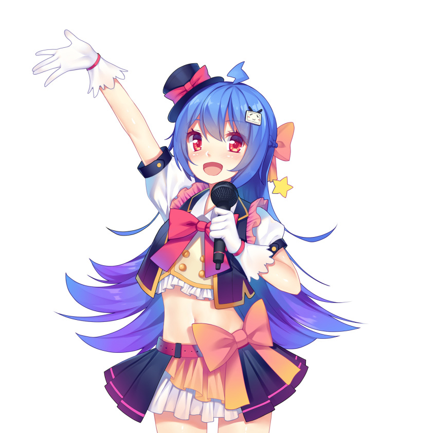 1girl :d ahoge akabane_(pixiv3586989) arm_up belt bili_girl_22 bilibili_douga black_hat black_vest blue_hair blush bow braid character_check gloves hat hat_bow highres holding holding_microphone long_hair looking_at_viewer microphone midriff official_art open_mouth orange_belt red_bow red_eyes short_sleeves simple_background skirt smile standing star very_long_hair vest white_background white_gloves