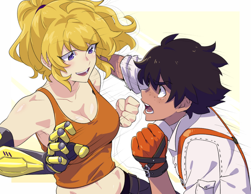 1boy 1girl absurdres black_hair blonde_hair breasts cleavage dark_skin dark_skinned_male dodging fighting freckles gloves highres ishmaiah_dado mechanical_arm motion_lines open_mouth orange_gloves orange_shirt oscar_pine prosthesis punching rwby shirt simple_background smile spoilers suspenders tank_top upper_body violet_eyes white_background white_shirt yang_xiao_long