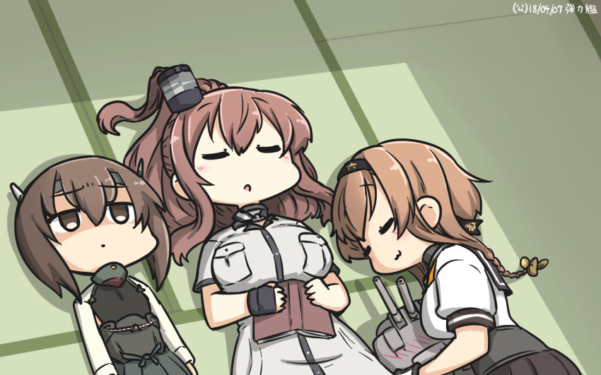 3girls :3 anchor blush book braid breast_conscious breast_pocket breasts brown_eyes brown_hair chou-10cm-hou-chan_(teruzuki's) closed_eyes commentary_request dress flat_chest hair_between_eyes hair_ornament hairband hamu_koutarou headband headgear highres kantai_collection large_breasts light_brown_hair lying multiple_girls neckerchief nose_blush on_back on_side pleated_skirt pocket ponytail propeller_hair_ornament remodel_(kantai_collection) saratoga_(kantai_collection) school_uniform serafuku short_hair side_ponytail sidelocks skirt sleeping smokestack taihou_(kantai_collection) tatami teruzuki_(kantai_collection) twin_braids white_dress