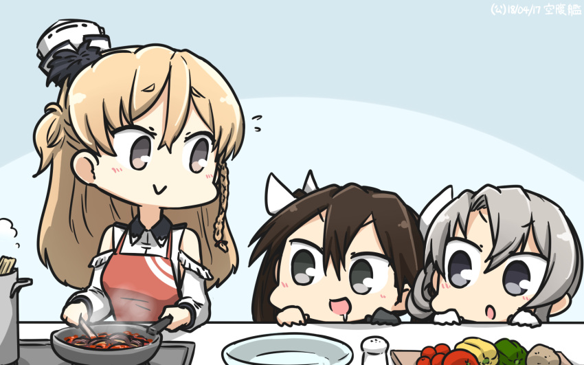 3girls :d apron black_eyes black_gloves brown_hair commentary_request cooking dated drooling food gloves grey_eyes hamu_koutarou hat highres long_hair mini_hat multiple_girls nowaki_(kantai_collection) open_mouth red_apron short_hair silver_hair single_glove smile tone_(kantai_collection) v-shaped_eyebrows violet_eyes white_gloves white_hat zara_(kantai_collection)