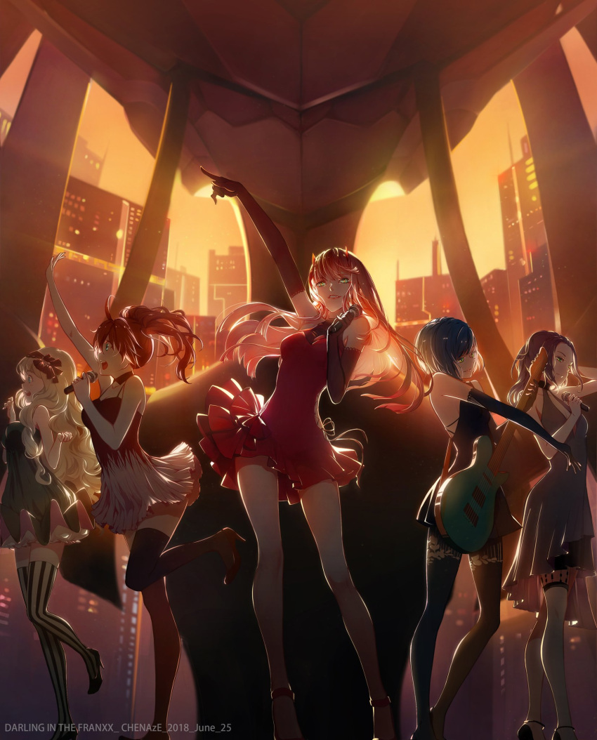 5girls arm_up bare_shoulders blonde_hair blue_hair chenaze57 cityscape commentary_request darling_in_the_franxx dress elbow_gloves gloves green_eyes guitar highres horns ichigo_(darling_in_the_franxx) ikuno_(darling_in_the_franxx) instrument kokoro_(darling_in_the_franxx) long_hair microphone miku_(darling_in_the_franxx) multiple_girls pink_hair pointing purple_hair redhead short_hair skyline smile stage thigh-highs zero_two_(darling_in_the_franxx)