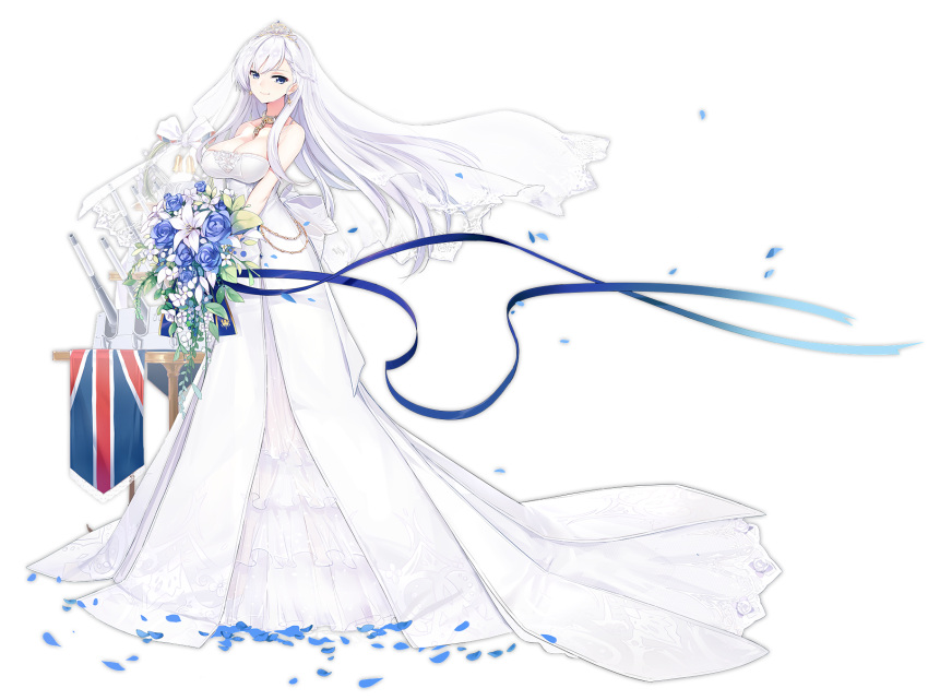 1girl azur_lane bare_shoulders belfast_(azur_lane) blue_eyes blue_ribbon blush bouquet breasts bridal_veil cleavage closed_mouth collarbone dress flower full_body highres holding holding_bouquet kisetsu large_breasts looking_at_viewer official_art ribbon smile solo tiara transparent_background veil wedding_dress white_dress white_hair