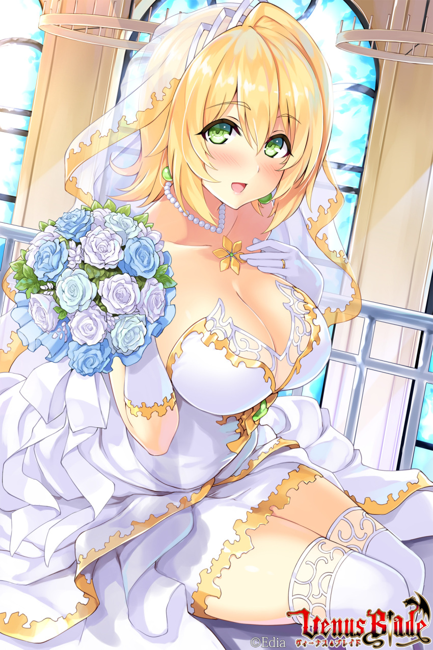 :d blonde_hair bouquet breasts bride chandelier cleavage copyright_name dress earrings eyebrows_visible_through_hair flower gloves green_eyes hand_up highres hisenkaede inside jewelry large_breasts lipstick looking_at_viewer makeup nail_polish necklace official_art open_mouth pearl_necklace ring short_hair sitting smile thigh-highs veil venus_blade watermark white_dress white_gloves white_legwear window