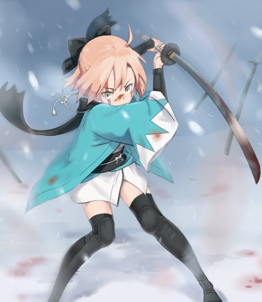 1girl absurdres black_bow black_legwear black_scarf blonde_hair blood blood_on_face bloody_clothes bloody_weapon bow child fate/grand_order fate_(series) hair_bow haori highres holding holding_sword holding_weapon japanese_clothes katana kimono looking_at_viewer obi okita_souji_(fate) okita_souji_(fate)_(all) outdoors sash scarf short_hair short_kimono snowing solo standing sword thigh-highs virtu.al weapon white_kimono yellow_eyes younger