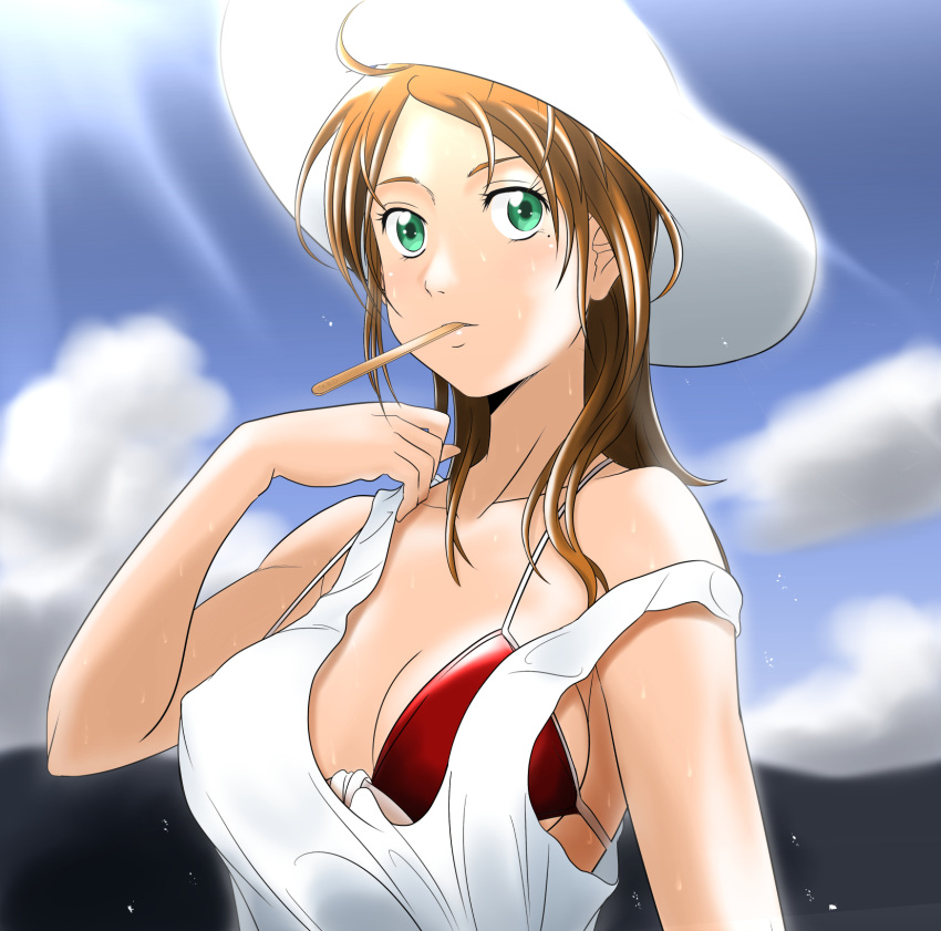 1girl ahoge breasts brown_hair cleavage clouds collarbone day green_eyes hat highres kakkii large_breasts long_hair mouth_hold off_shoulder original outdoors red_bikini_top shirt sideboob sleeveless sleeveless_shirt solo sun_hat under_boob upper_body white_hat white_shirt