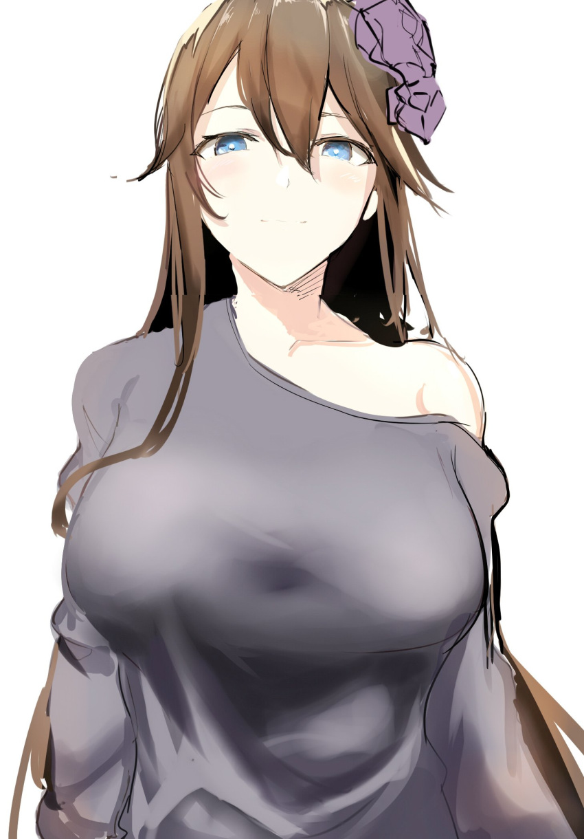 112san 1girl bare_shoulders blue_eyes blush breasts brown_hair closed_mouth clothes_down collarbone commentary facing_viewer flower granblue_fantasy hair_between_eyes hair_flower hair_ornament highres large_breasts long_hair looking_at_viewer off-shoulder_sweater off_shoulder rosetta_(granblue_fantasy) sweater