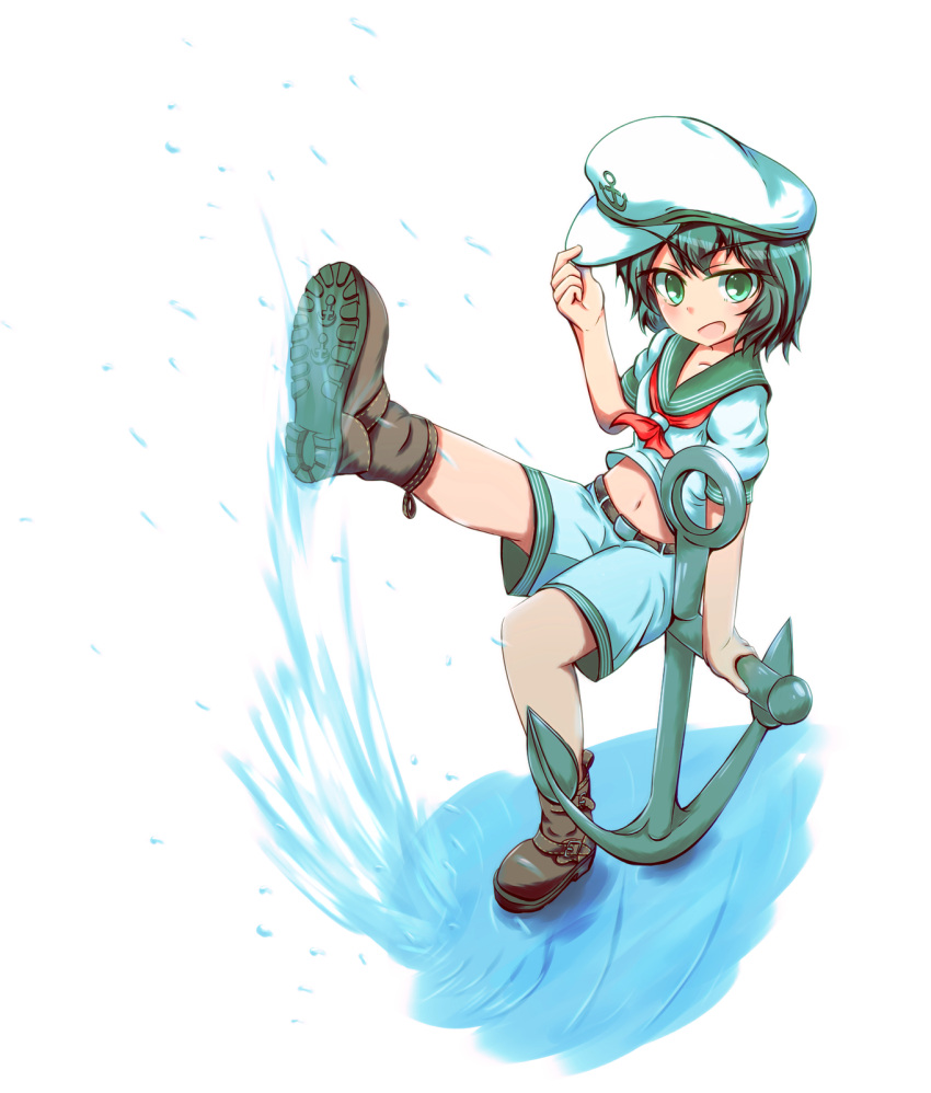 1girl anchor bare_legs belt boots brown_footwear green_eyes green_hair hand_on_headwear hat highres leg_up looking_at_viewer midriff mirag murasa_minamitsu open_mouth sailor sailor_collar sailor_hat shoe_soles short_hair shorts smile touhou water