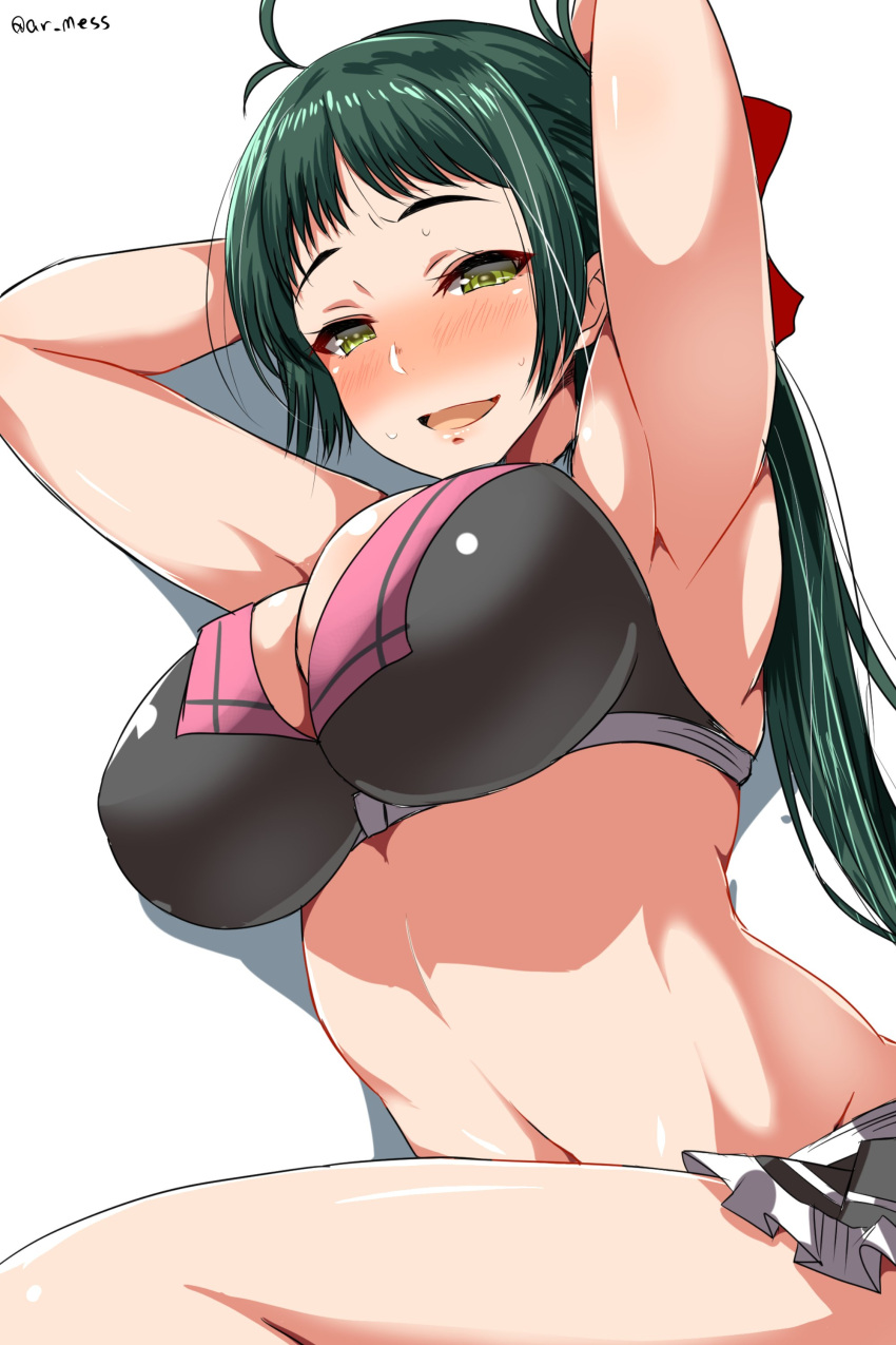 1girl absurdres ar_(lover_boy) arms_behind_head arms_up bikini black_bikini breasts cleavage cowboy_shot green_eyes green_hair highres irako_(kantai_collection) kantai_collection large_breasts long_hair open_mouth ponytail simple_background solo swimsuit twitter_username white_background