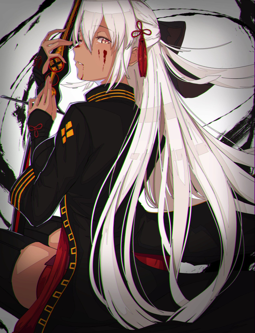 1girl ahoge bangs black_bow black_legwear blood blood_on_face bow breasts dark_skin eyebrows_visible_through_hair fate/grand_order fate_(series) from_behind hair_between_eyes hair_bow hair_ornament half-closed_eyes high_collar highres holding holding_sword holding_weapon kisaragi_chiyuki large_breasts long_hair looking_at_viewer looking_back okita_souji_(alter)_(fate) okita_souji_(fate) okita_souji_(fate)_(all) solo sword tassel thigh-highs tied_hair very_long_hair weapon white_hair yellow_eyes
