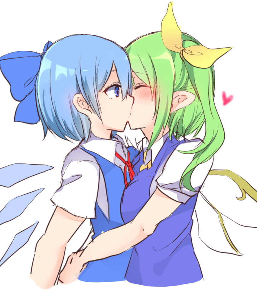2girls ^_^ blue_bow blue_dress blue_eyes blue_hair blue_wings blush bow breasts cirno closed_eyes commentary_request daiyousei dress eyebrows_visible_through_hair fairy_wings from_side green_hair hair_between_eyes hair_bow hair_ribbon heart highres ice ice_wings karasusou_nano kiss medium_breasts multiple_girls neck_ribbon one_side_up pointy_ears profile red_neckwear red_ribbon ribbon short_hair short_sleeves sidelocks simple_background sketch touhou upper_body white_background wing_collar wings yellow_neckwear yellow_ribbon yuri