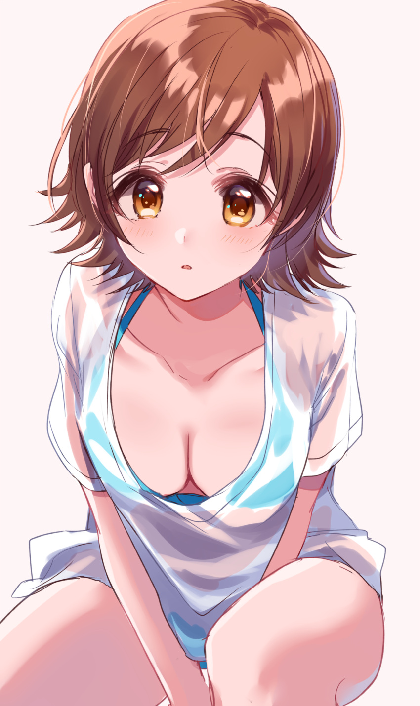 1girl :o bare_legs blue_bra blue_panties blush bra breasts brown_eyes brown_hair cleavage collarbone downblouse eyes_visible_through_hair grey_background highres honda_mio idolmaster idolmaster_cinderella_girls looking_at_viewer medium_breasts misumi_(macaroni) panties parted_lips see-through short_sleeves simple_background solo squatting underwear