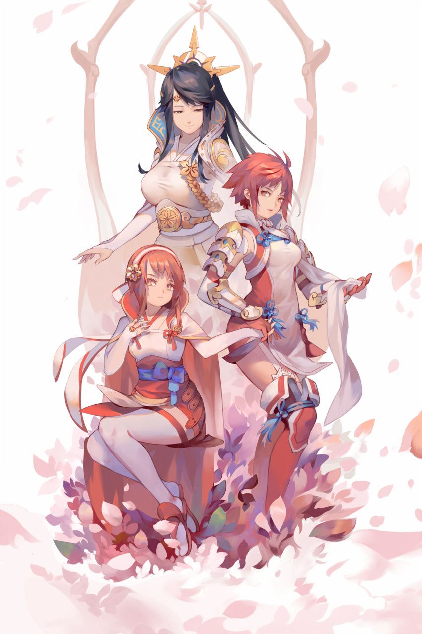 3girls armor black_hair cape cottan666 dress fire_emblem fire_emblem_if full_body gloves hair_ornament hairband highres hinoka_(fire_emblem_if) jewelry long_hair looking_at_another looking_at_viewer mikoto_(fire_emblem_if) mother_and_daughter multiple_girls open_mouth pink_hair priest red_dress red_eyes red_skirt redhead sakura_(fire_emblem_if) short_hair siblings sisters skirt smile staff thigh-highs white_dress white_gloves zettai_ryouiki