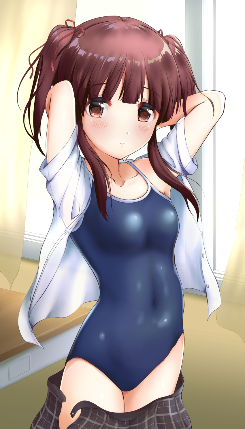 1girl arms_behind_head black_skirt blue_swimsuit brown_eyes brown_hair competition_school_swimsuit cowboy_shot desk highres idolmaster idolmaster_cinderella_girls idolmaster_cinderella_girls_starlight_stage kuroba_aki looking_at_viewer new_school_swimsuit ogata_chieri open_clothes open_shirt plaid plaid_skirt pleated_skirt school_desk school_swimsuit school_uniform skirt skirt_removed solo swimsuit twintails window