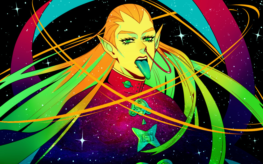 1boy blonde_hair diamond_wa_kudakenai ear_piercing gakuran green_tongue hazekura_mikitaka jojo_no_kimyou_na_bouken long_hair male_focus nose_piercing piercing pointy_ears school_uniform solo space star_(sky) tariah_furlow tongue tongue_out upper_body