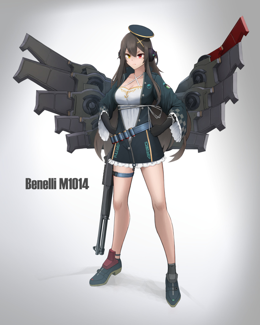 1girl absurdres armor bangs bare_legs benelli_m1014 black_hair breasts buttons character_name check_commentary cleavage clenched_hands closed_mouth coat commentary_request criss-cross_halter dw frown full_body girls_frontline gradient gradient_background gun hair_between_eyes hair_ornament halterneck hands_on_hips headphones heterochromia highres large_breasts long_hair m1014 m1014_(girls_frontline) machinery partially_unbuttoned red_eyes shoes shotgun shotgun_shells sidelocks solo standing thigh_strap thighs weapon wide_sleeves x_hair_ornament yellow_eyes