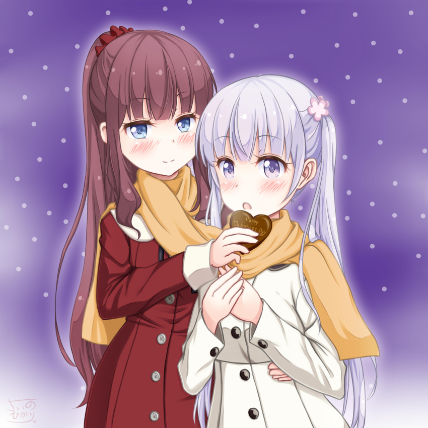 2girls absurdres bangs blue_eyes blunt_bangs blush brown_hair coat eyebrows_visible_through_hair hair_ornament hair_scrunchie hand_on_another's_hip heart highres long_hair multiple_girls new_game! open_mouth orange_scarf ponytail red_coat red_scrunchie sainohikari scarf scrunchie shared_scarf silver_hair smile standing suzukaze_aoba takimoto_hifumi twintails very_long_hair violet_eyes white_coat winter_clothes winter_coat