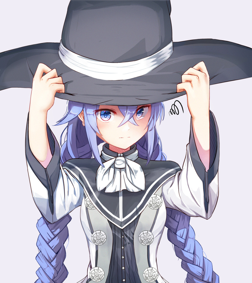 1girl absurdres black_hat blue_eyes blue_hair braid grey_background hair_between_eyes hands_on_headwear hat hat_ribbon highres long_hair looking_at_viewer mushoku_tensei ribbon roxy_migurdia simple_background solo sugar_(dndi888) twin_braids twintails upper_body very_long_hair white_neckwear white_ribbon witch_hat