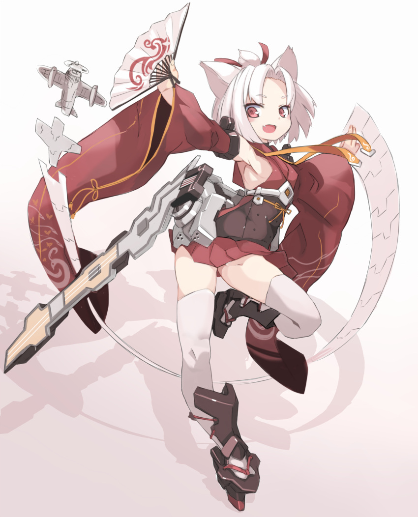 1girl :d aircraft airplane animal_ears azur_lane breasts cat_ears detached_sleeves eyebrows_visible_through_hair fan fang folding_fan full_body hair_intakes hair_ribbon highres holding holding_fan japanese_clothes karukan_(monjya) leg_up long_sleeves no_bra open_mouth outstretched_arms red_eyes red_ribbon ribbon short_hair shouhou_(azur_lane) sideboob small_breasts smile solo standing standing_on_one_leg thigh-highs topknot white_hair white_legwear wide_sleeves