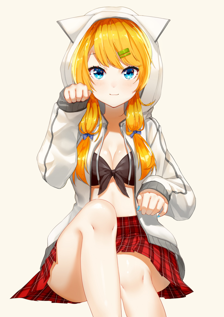 1girl absurdres bangs black_bikini_top blonde_hair blue_eyes blue_nails breasts cleavage hair_ornament hairclip highres hood hooded_jacket ihachisu invisible_chair jacket long_hair looking_at_viewer medium_breasts miniskirt nail_polish open_clothes open_jacket original paw_pose pleated_skirt red_skirt shiny shiny_skin simple_background sitting skirt smile solo swept_bangs under_boob white_background