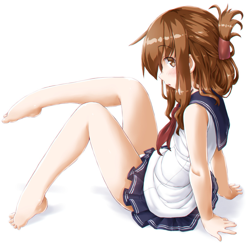 1girl arm_support bangs bare_legs barefoot blush brown_eyes brown_hair commentary_request dd_(ijigendd) eyebrows_visible_through_hair folded_ponytail highres inazuma_(kantai_collection) kantai_collection long_hair looking_at_viewer neckerchief open_mouth pleated_skirt school_uniform serafuku sidelocks simple_background sitting skirt sleeveless solo white_background