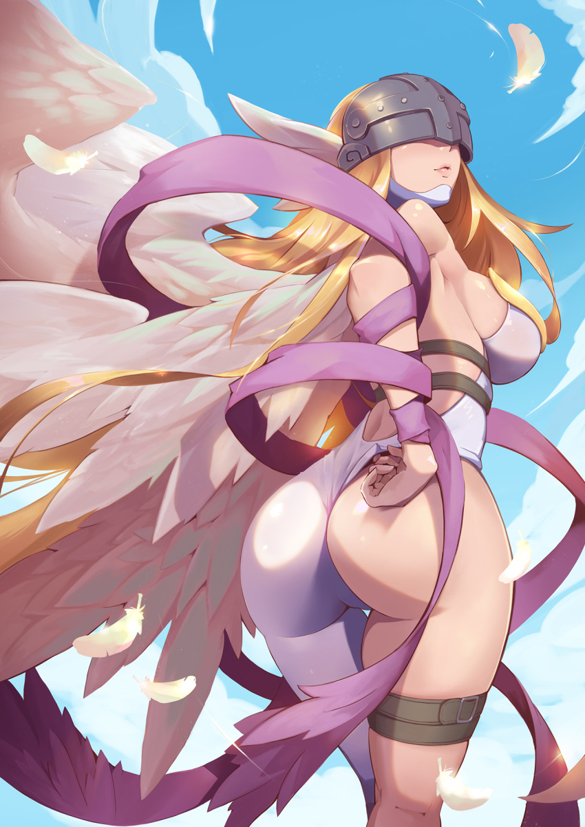 1girl angel_wings angewomon ass asymmetrical_clothes bare_shoulders belt blonde_hair breasts commentary_request crow_aberdeen digimon digimon_adventure digimon_adventure_tri. from_behind gloves head_wings helmet highres large_breasts long_hair multiple_wings solo thigh_strap wings