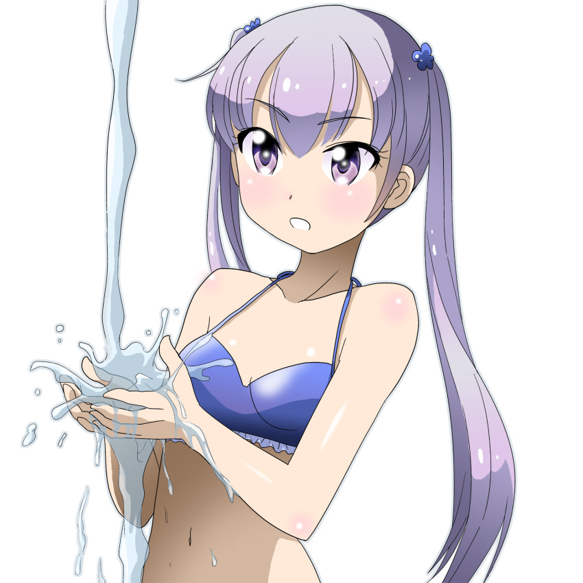 1girl bangs blue_bikini_top breasts cleavage collarbone eyebrows_visible_through_hair hair_between_eyes hair_ornament highres kakkii long_hair navel new_game! purple_hair shiny shiny_clothes shiny_hair shiny_skin simple_background small_breasts solo standing suzukaze_aoba twintails upper_body very_long_hair violet_eyes water white_background