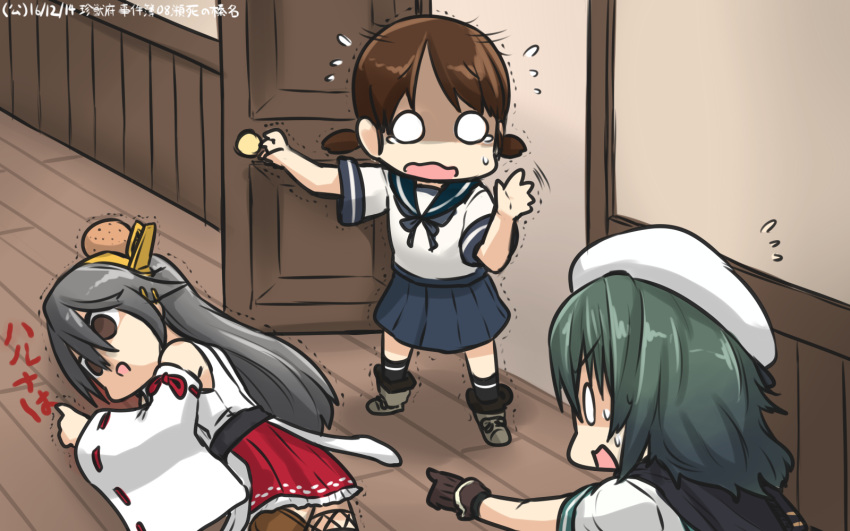 3girls black_hair brown_hair cape commentary_request dated detached_sleeves door dying_message empty_eyes flying_sweatdrops gloves green_hair hair_between_eyes hamu_koutarou haruna_(kantai_collection) hat head_bump headgear highres kantai_collection kiso_(kantai_collection) long_hair low_twintails multiple_girls pleated_skirt pointing sailor_hat school_uniform serafuku shaking_head shirayuki_(kantai_collection) short_twintails skirt solid_oval_eyes sweat tearing_up trembling twintails