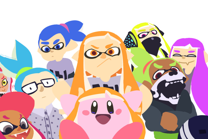 &gt;:d 4boys 5girls :d ?? agent_8 aqua_hair bandana_over_mouth bandanna baseball_cap beanie blue_hair blush_stickers closed_eyes dark_skin domino_mask fangs glasses green_hair hat headgear hoshi_no_kirby inkling kirby kirby_(series) looking_at_viewer mask multiple_boys multiple_girls octarian octoling open_mouth orange_hair pink_hair smile splatoon splatoon_2 splatoon_2:_octo_expansion squidbeak_splatoon super_smash_bros. tentacle_hair yellow_eyes