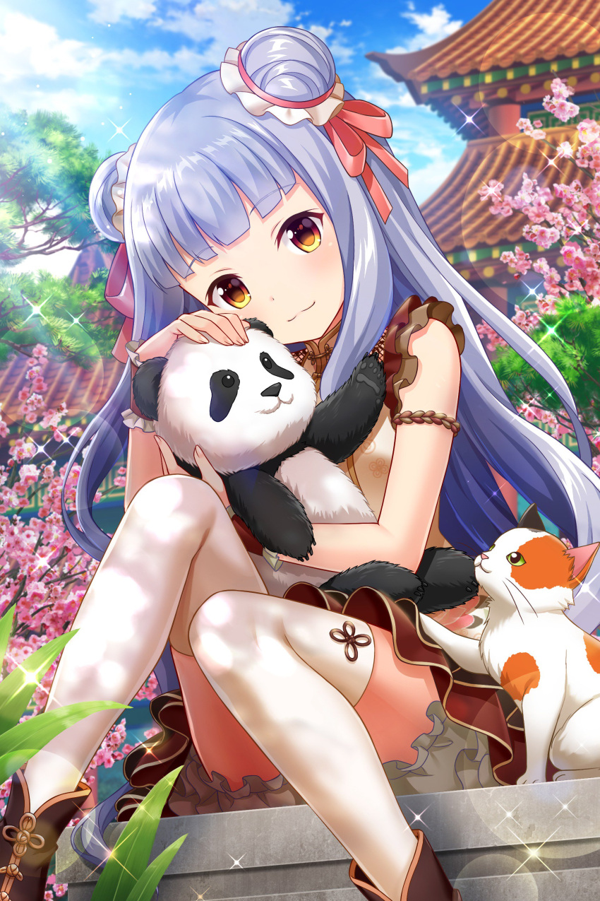 1girl :3 absurdres alternative_girls armlet bangs blue_hair blunt_bangs blush brown_dress brown_eyes brown_footwear cat cherry_blossoms chinese_clothes double_bun dress fingernails grey_hair hair_ribbon highres hiiragi_tsumugi holding holding_stuffed_animal long_hair looking_at_viewer object_hug official_art outdoors panda pink_ribbon ribbon sitting stuffed_animal stuffed_toy thigh-highs white_bloomers white_legwear wrist_cuffs yellow_eyes