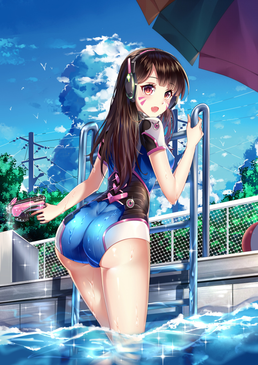 1girl absurdres adapted_costume ass bird blue_swimsuit brown_eyes brown_hair casual_one-piece_swimsuit clouds d.va_(overwatch) facial_mark fang from_behind headphones heishan highres ladder long_hair looking_back one-piece_swimsuit open_mouth outdoors overwatch partially_submerged pool poolside sky smile solo swimsuit telephone_pole umbrella wading water water_gun wet