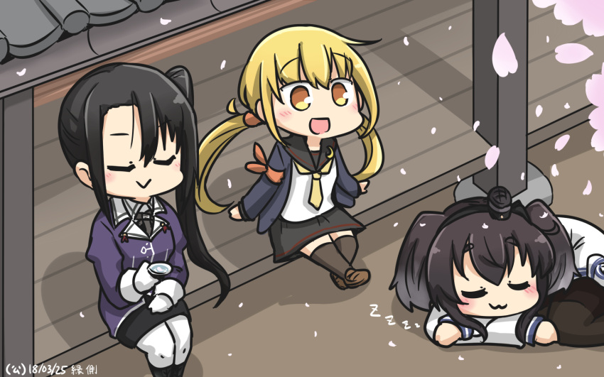 3girls :3 :d alcohol black_hair black_legwear black_sailor_collar black_skirt blonde_hair blush brown_footwear closed_eyes commentary_request crescent crescent_moon_pin cup dated hamu_koutarou highres holding jacket juliet_sleeves kantai_collection long_hair long_sleeves low_twintails military military_uniform multiple_girls nachi_(kantai_collection) open_mouth pantyhose petals puffy_sleeves purple_jacket remodel_(kantai_collection) sailor_collar sakazuki sake satsuki_(kantai_collection) shoes side_ponytail sitting skirt sleeping smile thigh-highs tokitsukaze_(kantai_collection) twintails uniform white_legwear zzz