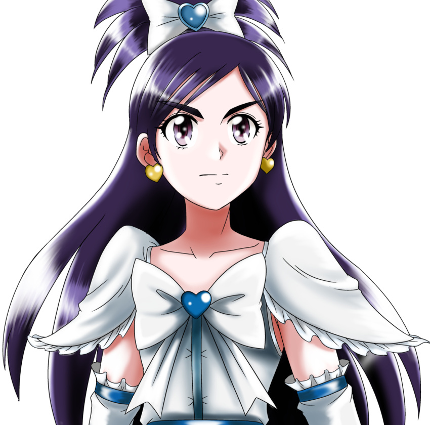 1girl bangs bow bowtie brown_eyes collarbone cure_white detached_sleeves earrings futari_wa_precure hair_bow heart heart_earrings jewelry kakkii long_hair parted_bangs ponytail precure purple_hair shiny shiny_hair simple_background solo upper_body very_long_hair white_background white_bow yukishiro_honoka