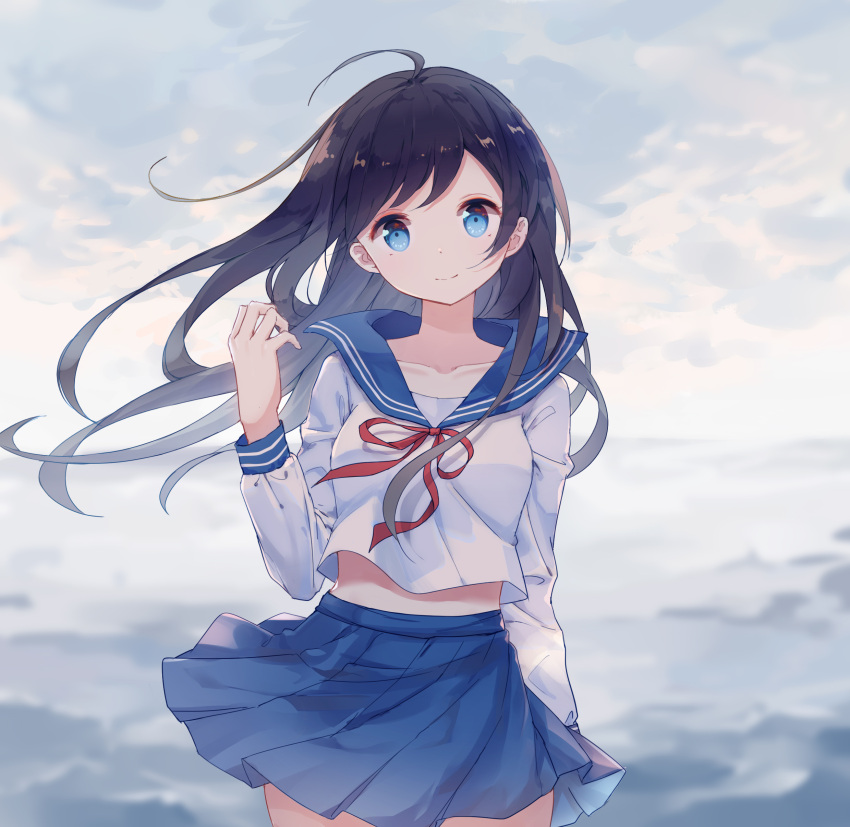 1girl absurdres ahoge bangs blue_eyes blue_skirt brown_hair clouds cloudy_sky collarbone cowboy_shot floating_hair head_tilt highres long_hair miniskirt neck_ribbon original outdoors pleated_skirt red_ribbon ribbon shiny shiny_hair shirt skirt sky smile solo swept_bangs very_long_hair white_shirt yue_yue