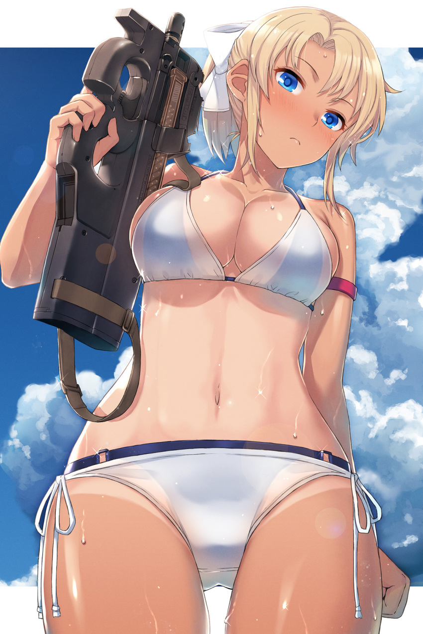 1girl bikini blue_eyes blue_sky blush borrowed_character bow breasts bullpup closed_mouth clouds commentary_request day gun hair_bow highres holding holding_weapon itou_(onsoku_tassha) kinpatsu-chan_(rucchiifu) large_breasts looking_at_viewer navel one-piece_tan original p90 short_hair side-tie_bikini sky solo submachine_gun swimsuit tan tanline weapon wet white_bikini white_bow