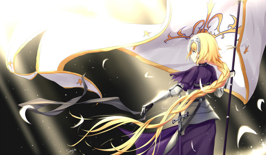 1girl armor armored_dress banner blonde_hair blue_eyes braid dress fate/apocrypha fate_(series) floating_hair from_behind gauntlets highres holding holding_weapon jeanne_d'arc_(fate) jeanne_d'arc_(fate)_(all) long_hair ponytail purple_dress shenhai_(2556146833) single_braid solo standing very_long_hair weapon