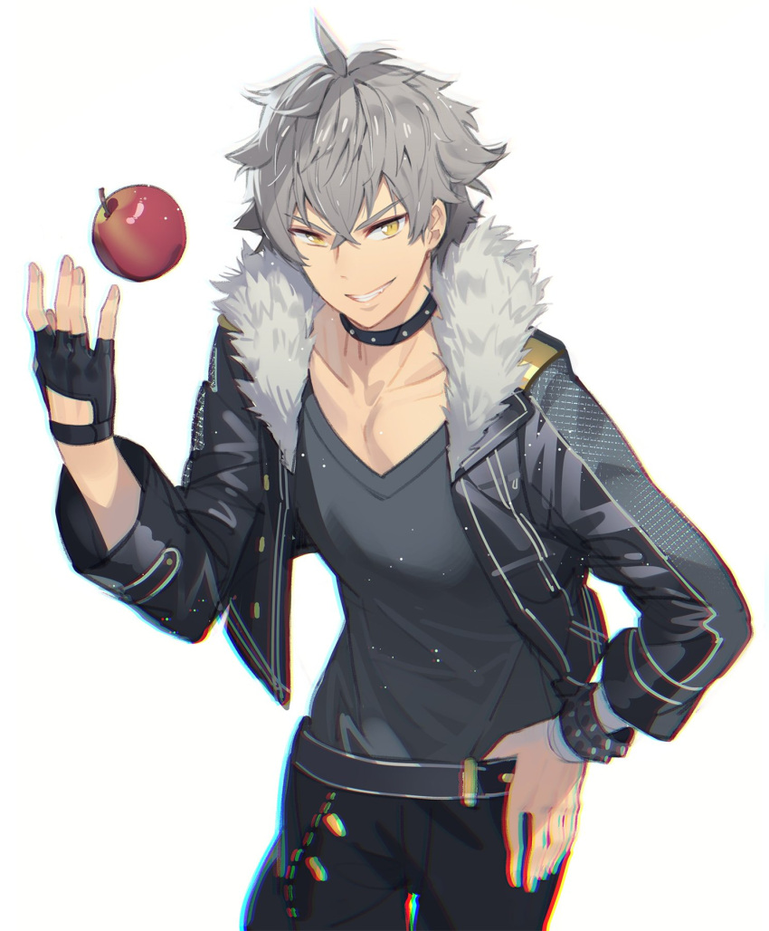 1boy apple asymmetrical_gloves belt black_gloves chromatic_aberration collar collarbone ddal ensemble_stars! fang fingerless_gloves food fruit gloves grey_hair grin hand_on_hip highres jacket jewelry looking_at_viewer male_focus oogami_koga silver_hair simple_background smile solo studded_bracelet studded_collar undead_(ensemble_stars!) white_background yellow_eyes