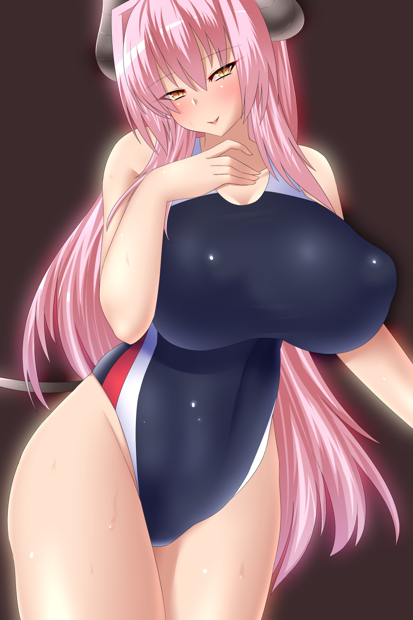 1girl absurdres breasts competition_swimsuit covered_navel demon_girl demon_horns demon_tail erect_nipples highleg highleg_swimsuit highres horns huge_breasts long_hair looking_at_viewer one-piece_swimsuit original pink_hair sakura_ssd slit_pupils solo succubus swimsuit tail wet yellow_eyes