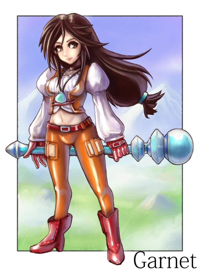 1girl black_choker black_hair boots breasts brown_eyes choker commentary_request final_fantasy final_fantasy_ix full_body garnet_til_alexandros_xvii gloves high_heel_boots high_heels highres holding holding_staff jewelry long_hair low-tied_long_hair oomasa_teikoku pendant solo staff weapon