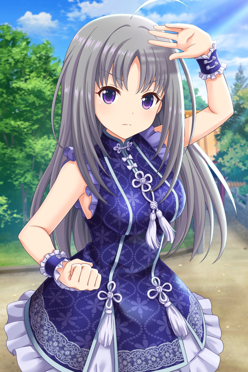 &gt;:( 1girl absurdres ahoge alternative_girls bangs bare_shoulders breasts chinese_clothes closed_mouth clouds cloudy_sky cowboy_shot day dress fighting_stance frilled_dress frills grey_hair highres long_hair looking_at_viewer medium_breasts official_art outdoors parted_bangs purple_dress sky standing violet_eyes wrist_cuffs